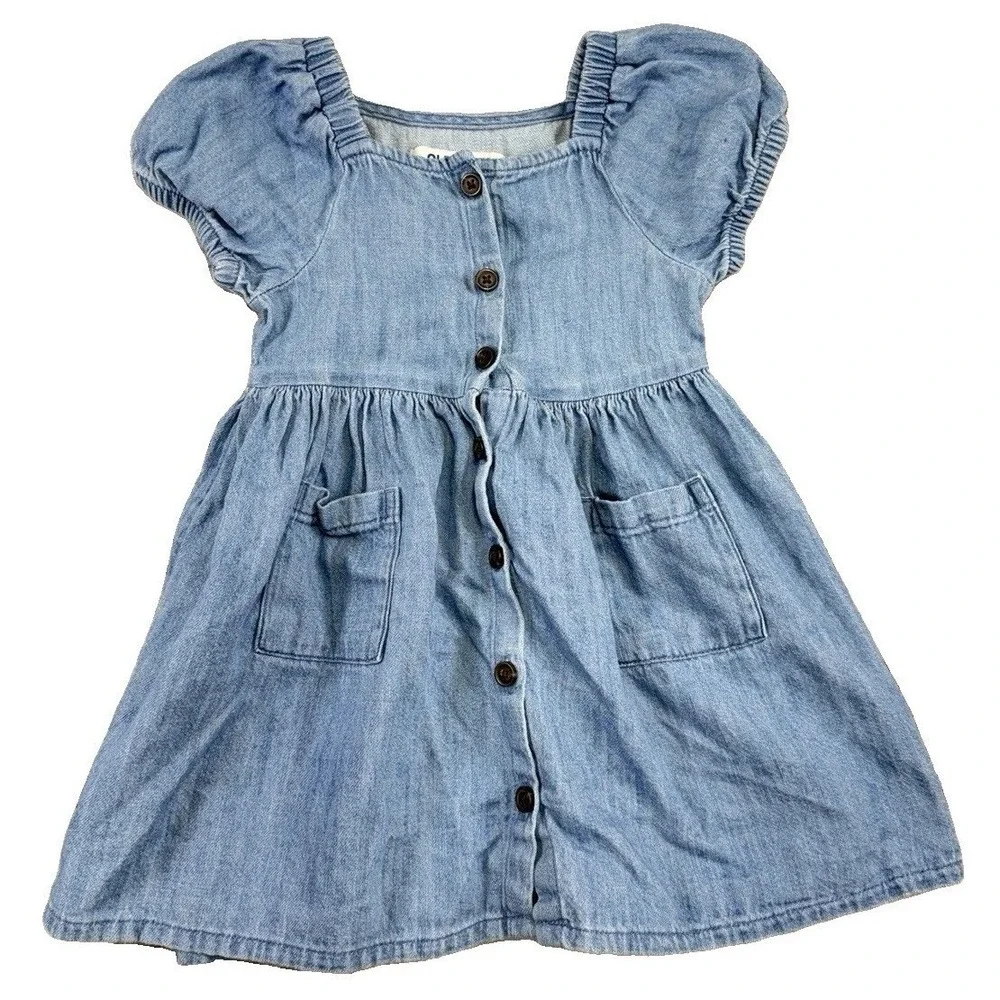 Old Navy Girl's Toddler Button Front Puff Sleeve Jean Dress Size 18-24 Mo Preppy